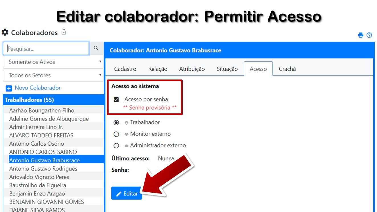 Editar colaborador: Permitir Acesso