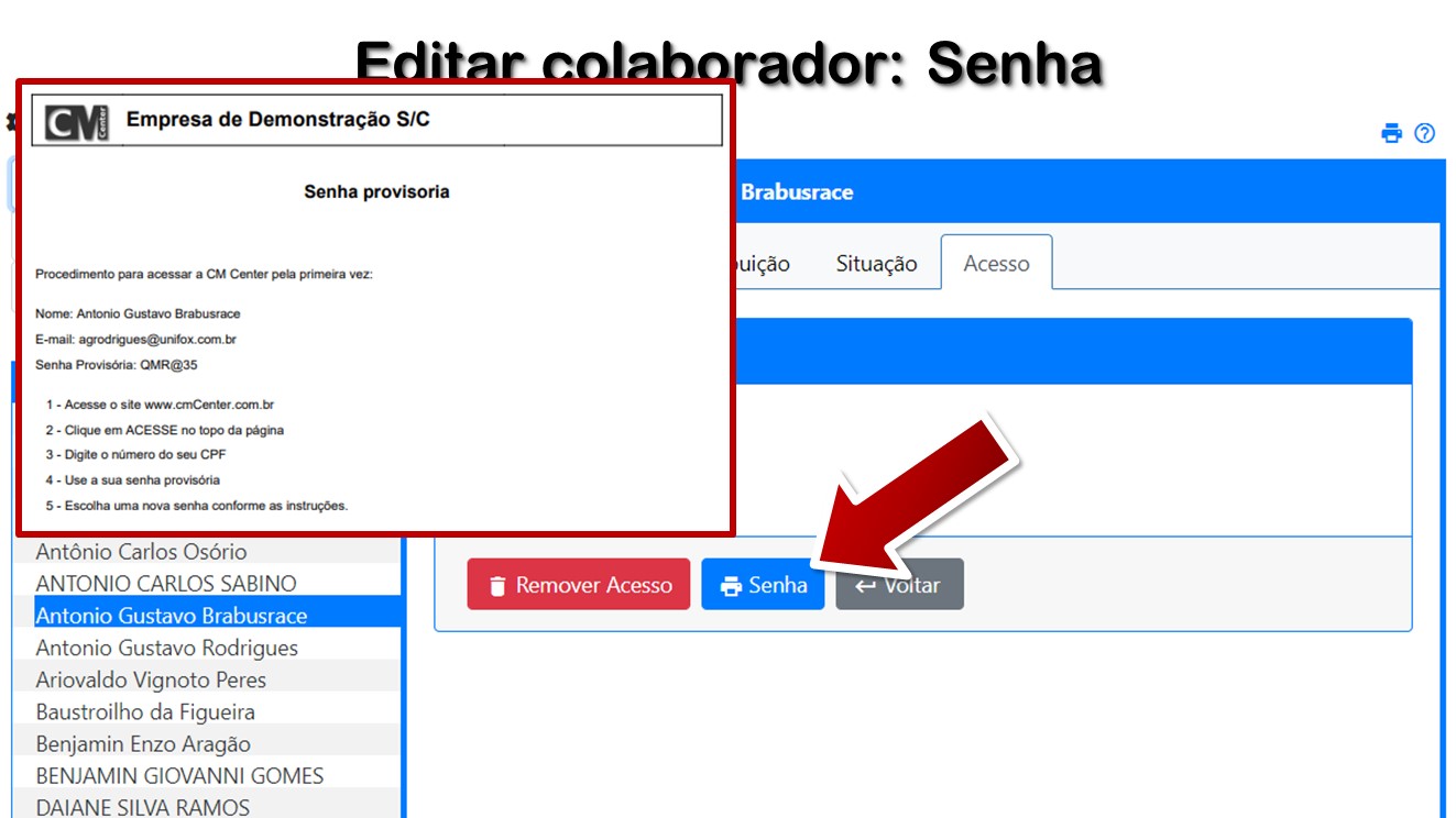 Editar colaborador: Senha
