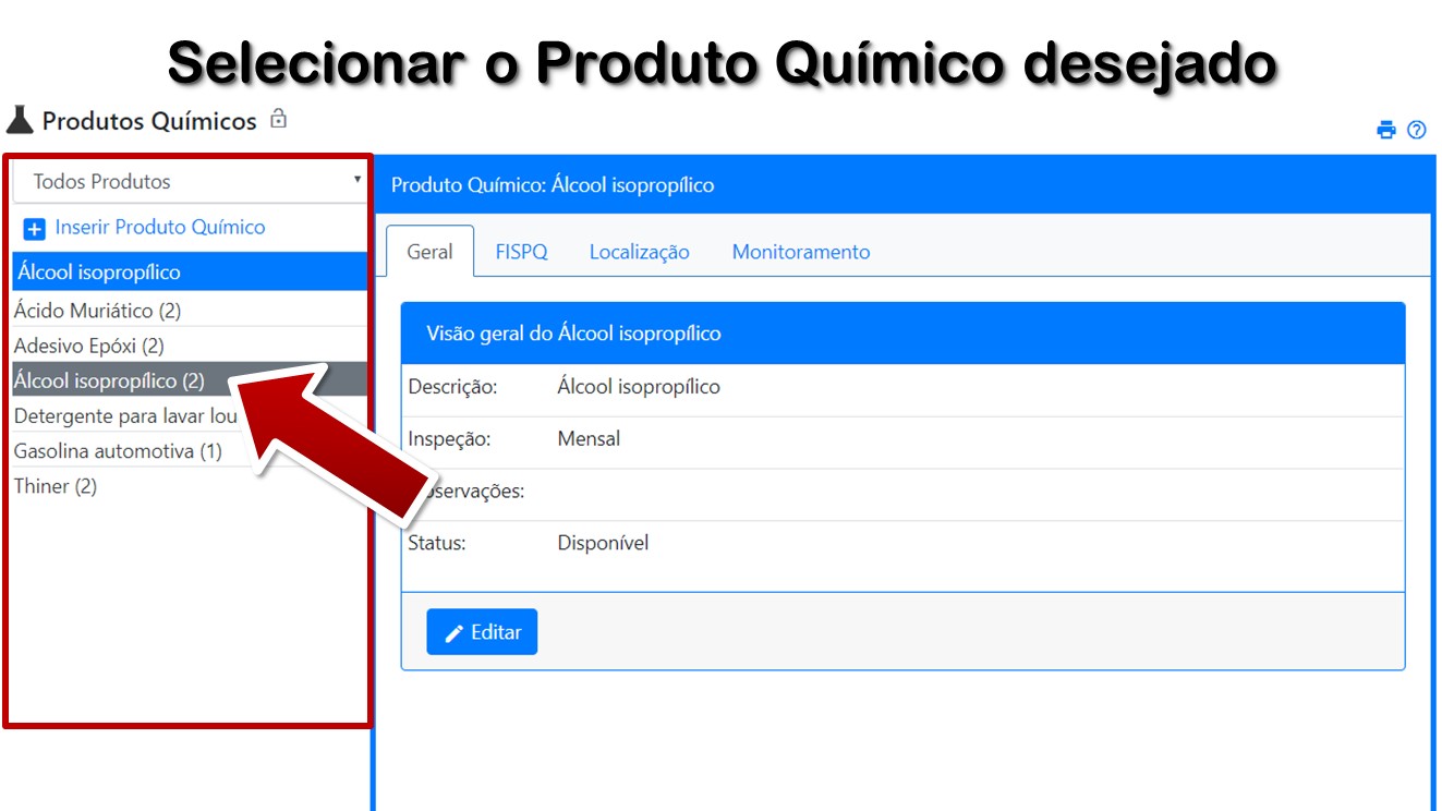 Selecionar o Produto Químico desejado
