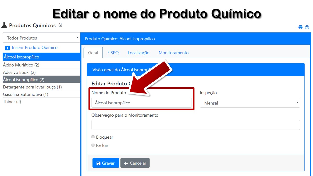 Editar o nome do Produto Químico