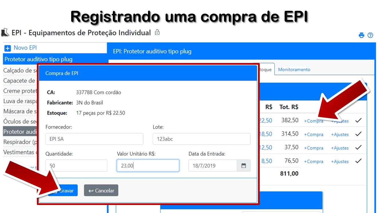 Registrando uma compra de EPI