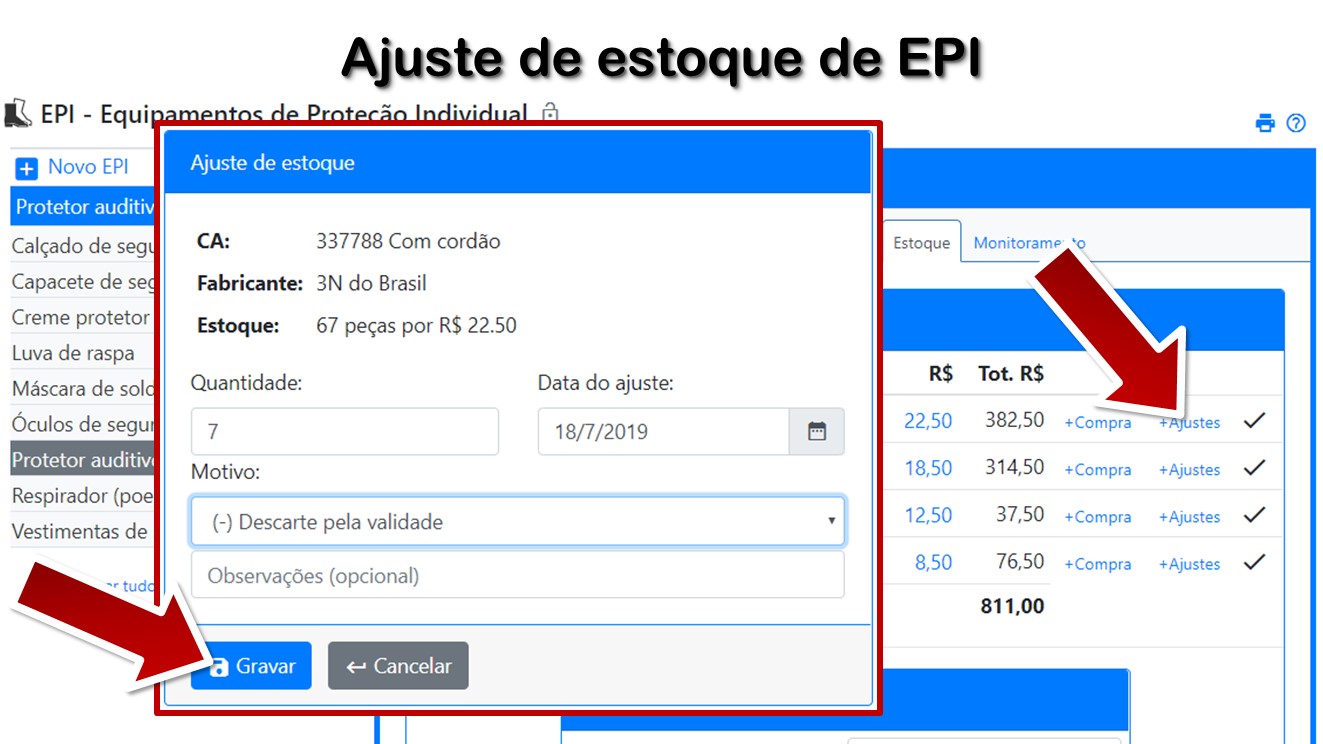 Ajuste de estoque de EPI