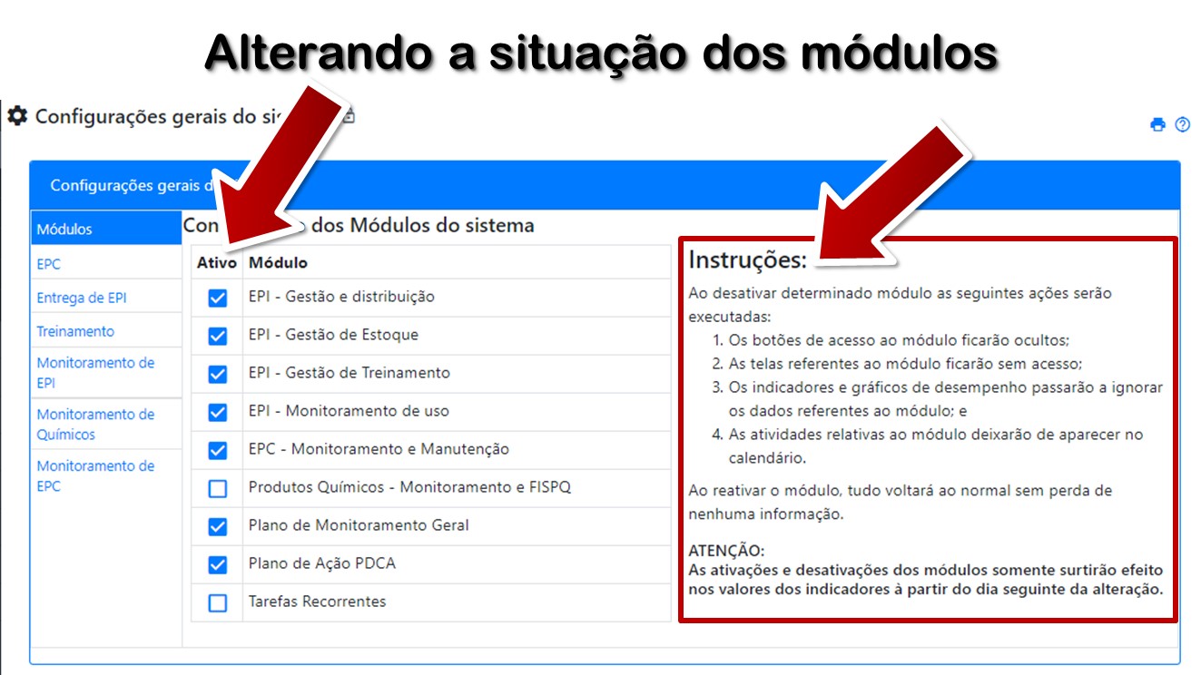 Alterando a situação dos módulos