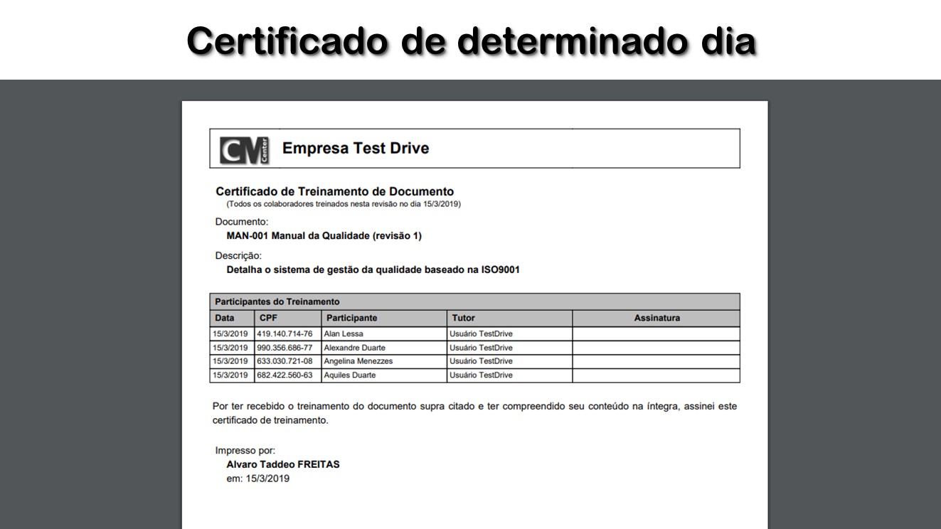 Certificado de determinado dia