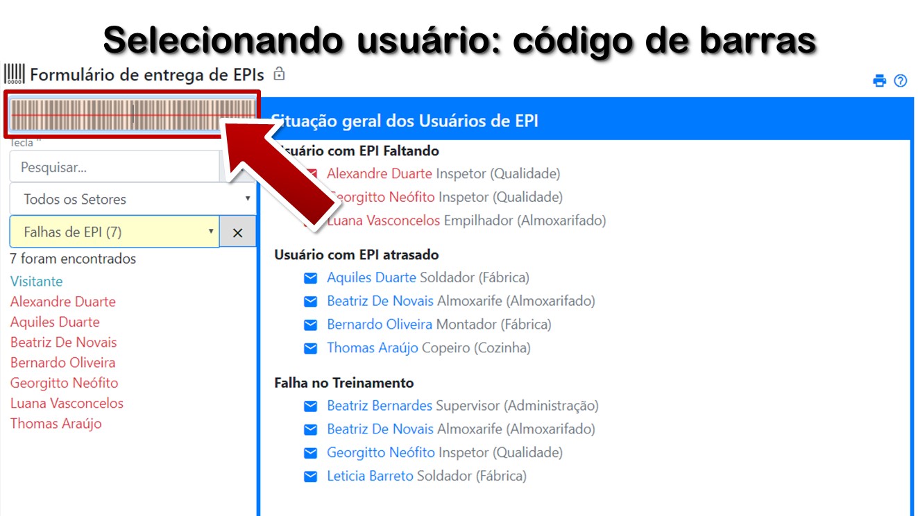 Selecionando usuário: código de barras