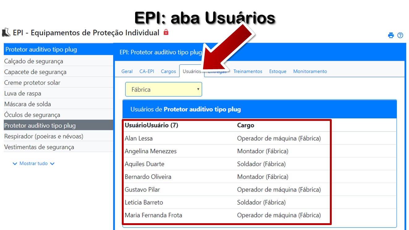 EPI: aba Usuários