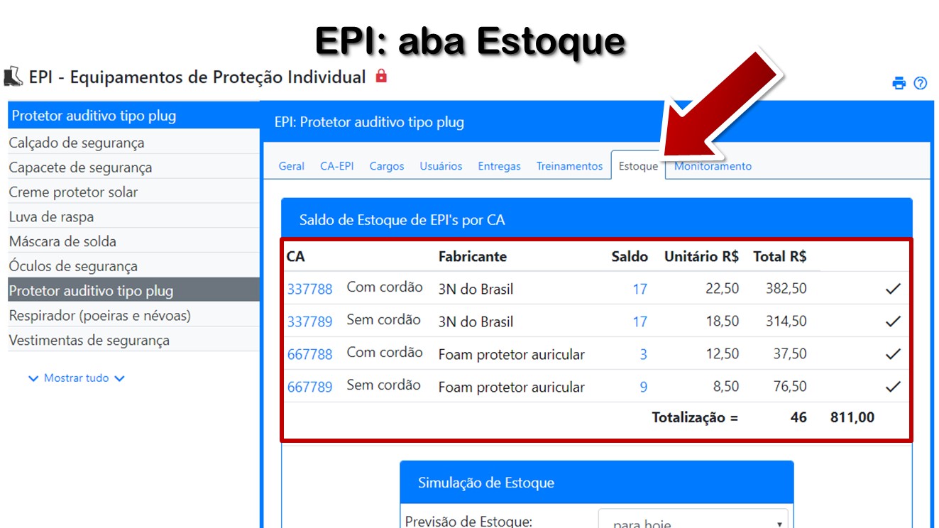 EPI: aba Estoque