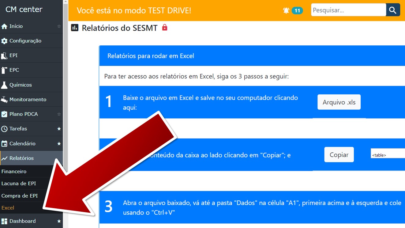 Acesso ao relatório financeiro em Excel