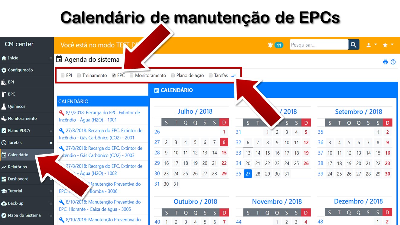 Calendário de manutenção de EPCs