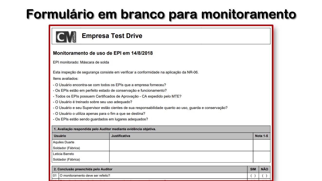 Formulário em branco para monitoramento
