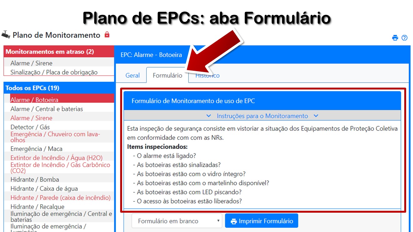 Plano de EPCs: aba Formulário