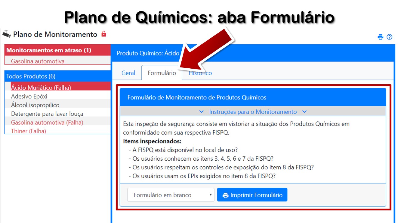 Plano de Químicos: aba Formulário