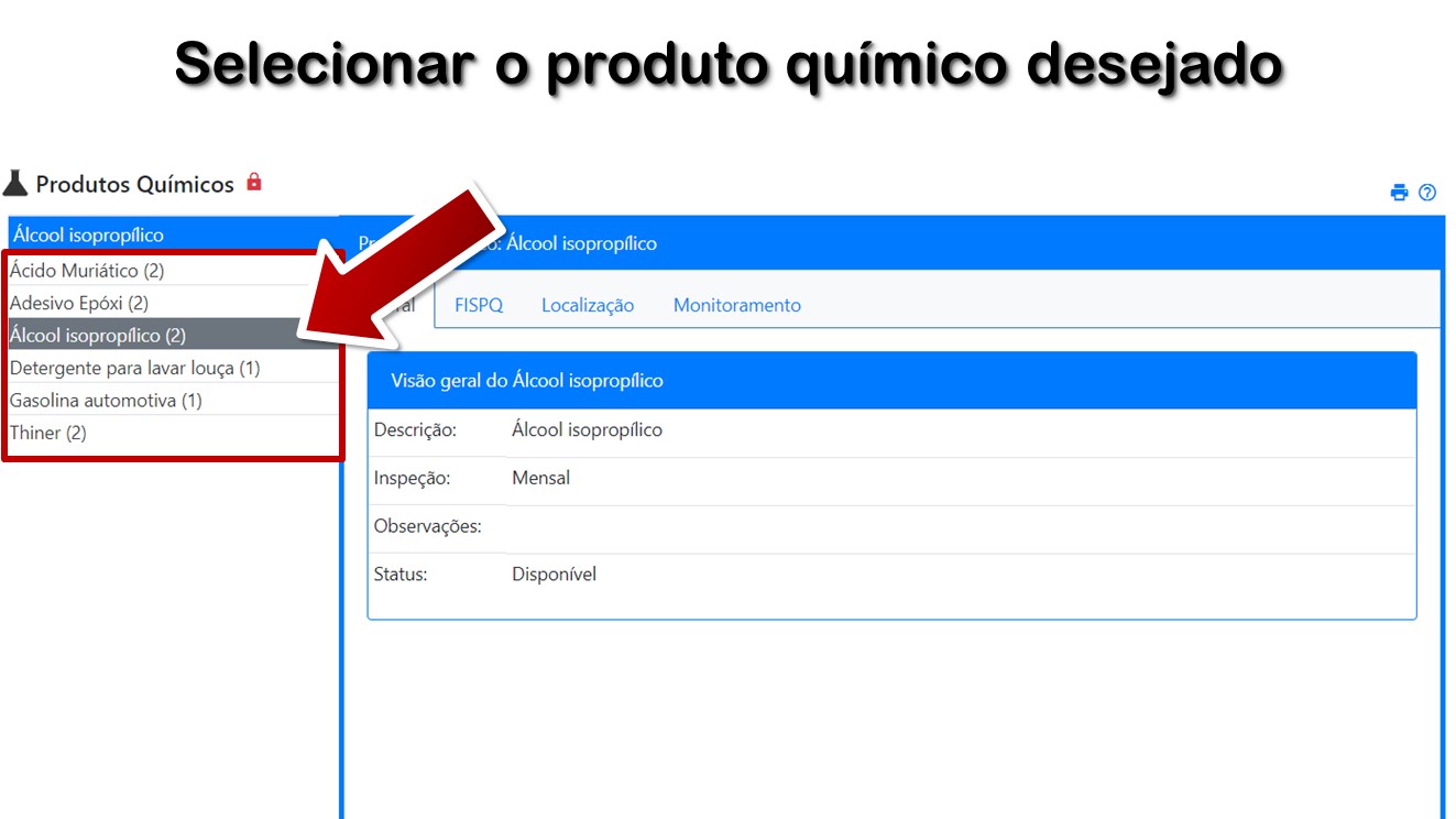 Selecionar o produto químico desejado