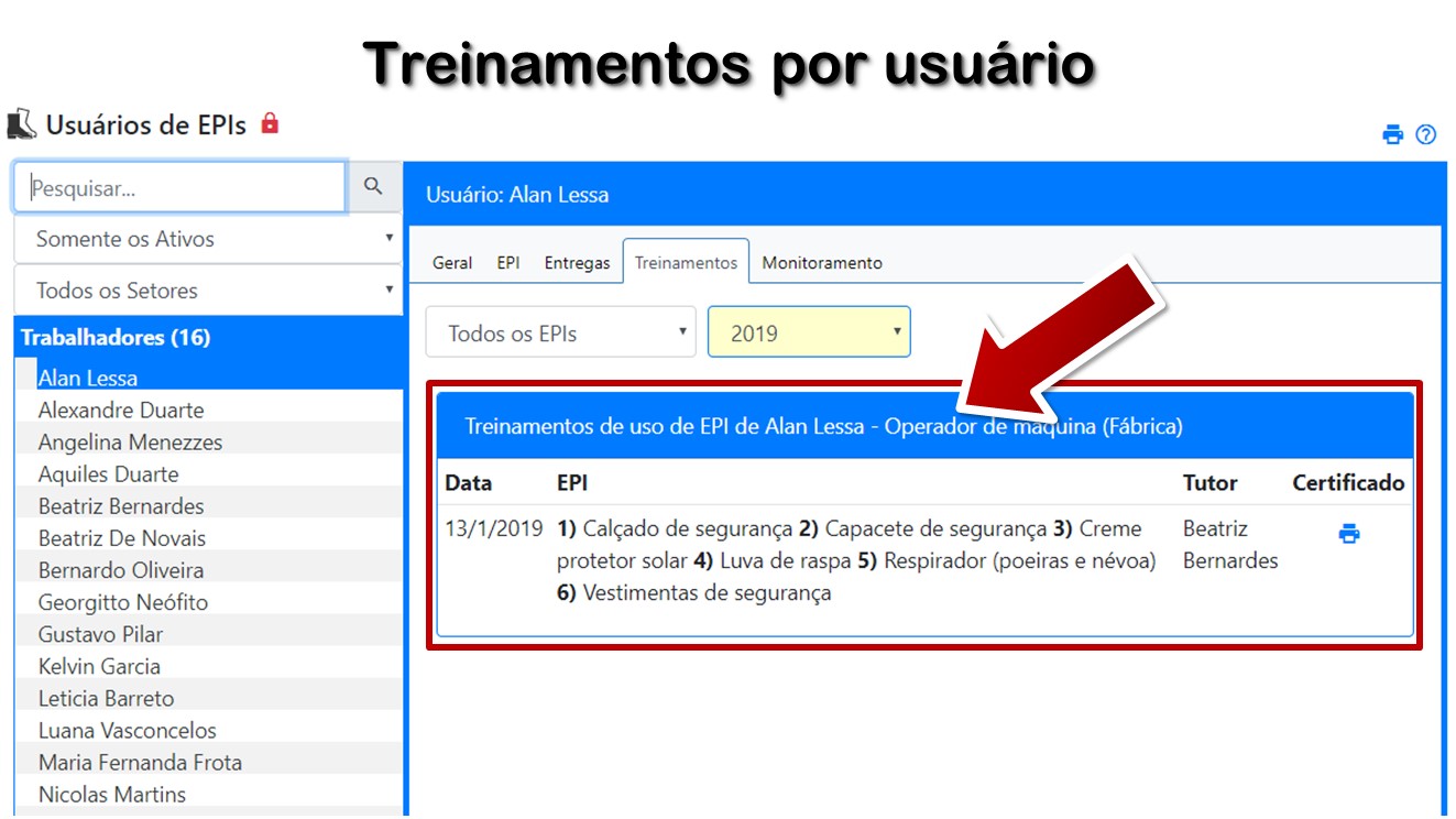 Situação dos treinamentos de EPI do usuário