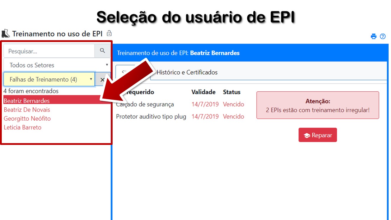 Seleção do usuário de EPI