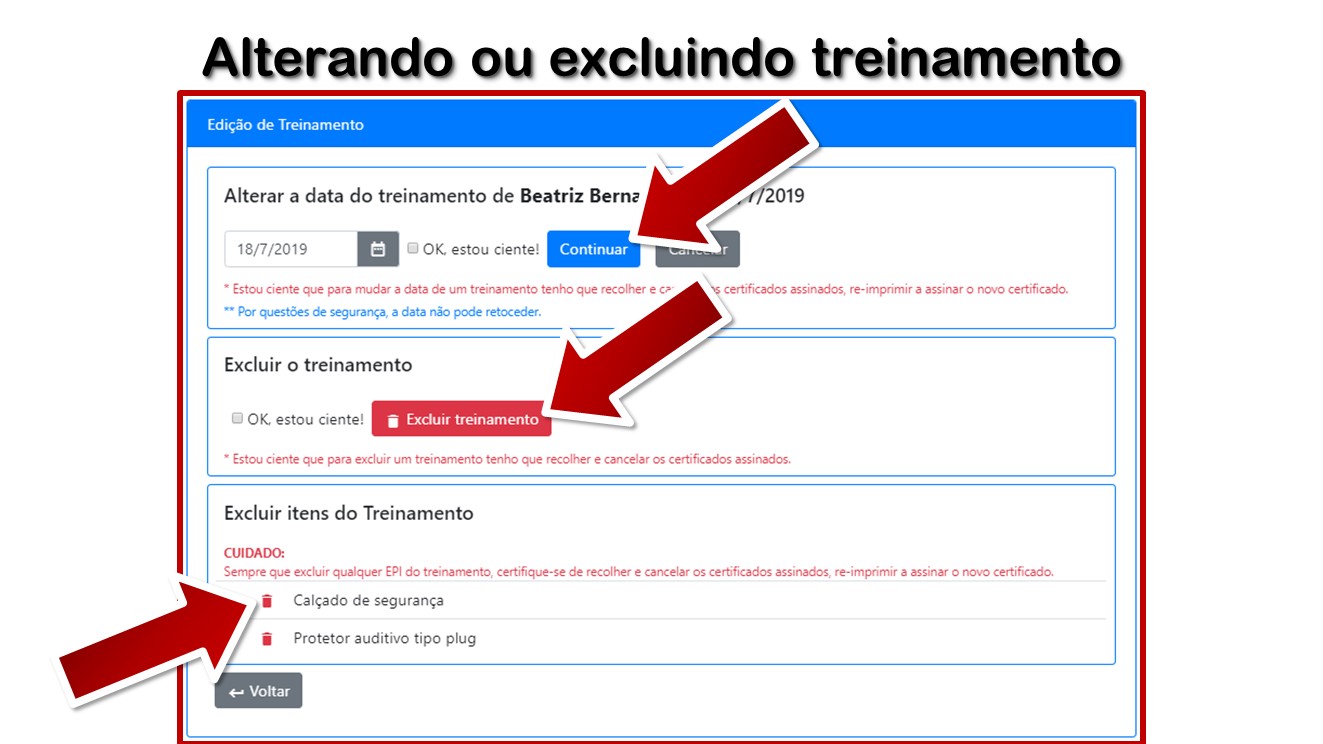 Alterando ou excluindo treinamento