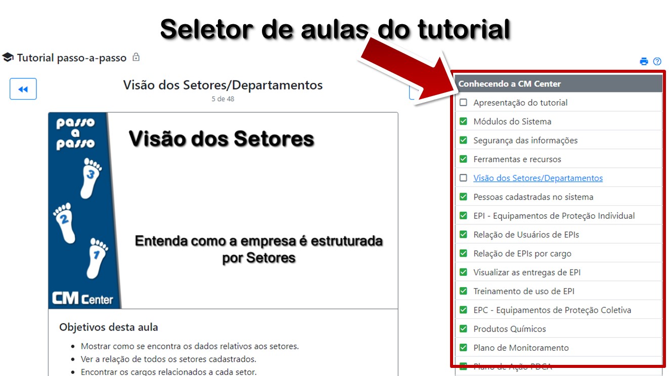 Seletor de aulas do tutorial